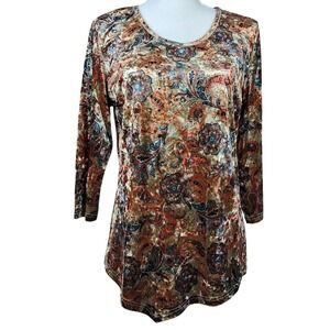 SERENGETI M Velvet Burnout Asymmetric Tunic Top Paisley Gold & Rust Artsy Boho